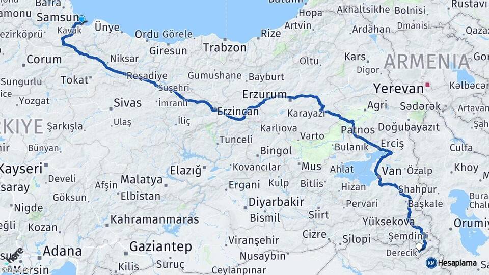 Samsun Derecik Hakkari Arası Kaç Km - Yol Haritası