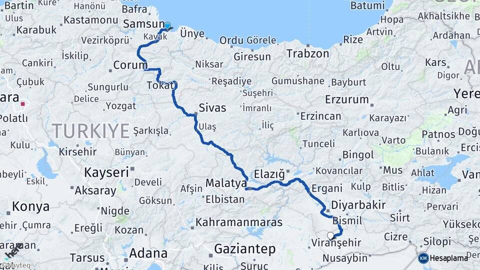Samsun Derik Mardin Arası Kaç Km - Yol Haritası
