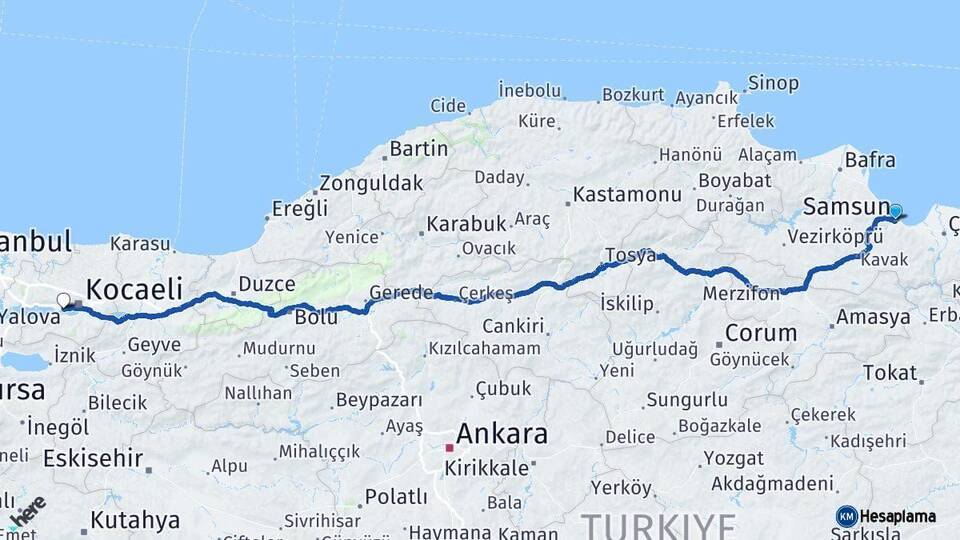 Samsun Derince Kocaeli Arası Kaç Km - Yol Haritası