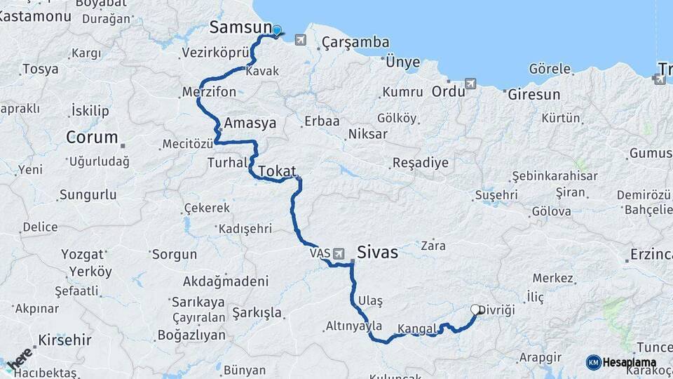 Samsun Divriği Sivas Arası Kaç Km - Yol Haritası