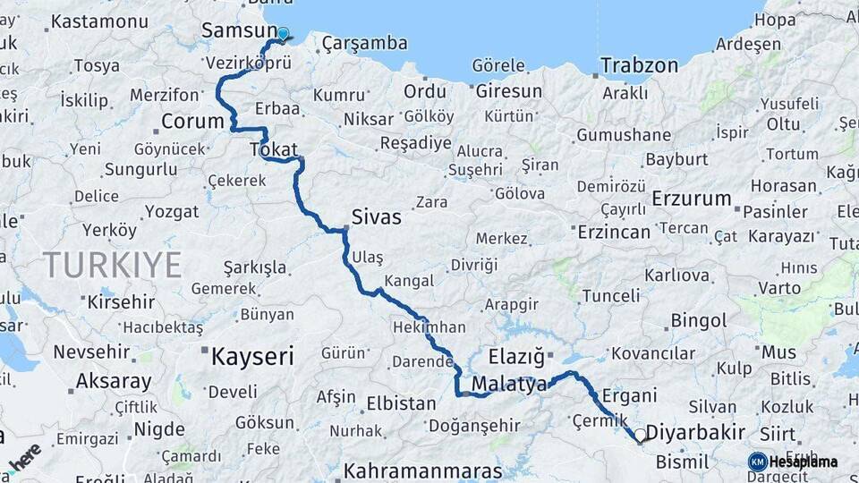Samsun Diyarbakır Arası Kaç Km - Yol Haritası