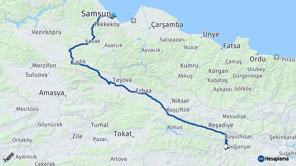 Samsun Doğanşar Sivas Arası Kaç Km - Yol Haritası