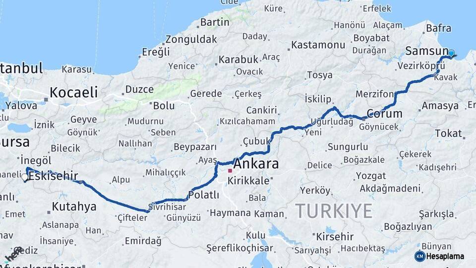 Samsun Domaniç Kütahya Arası Kaç Km - Yol Haritası