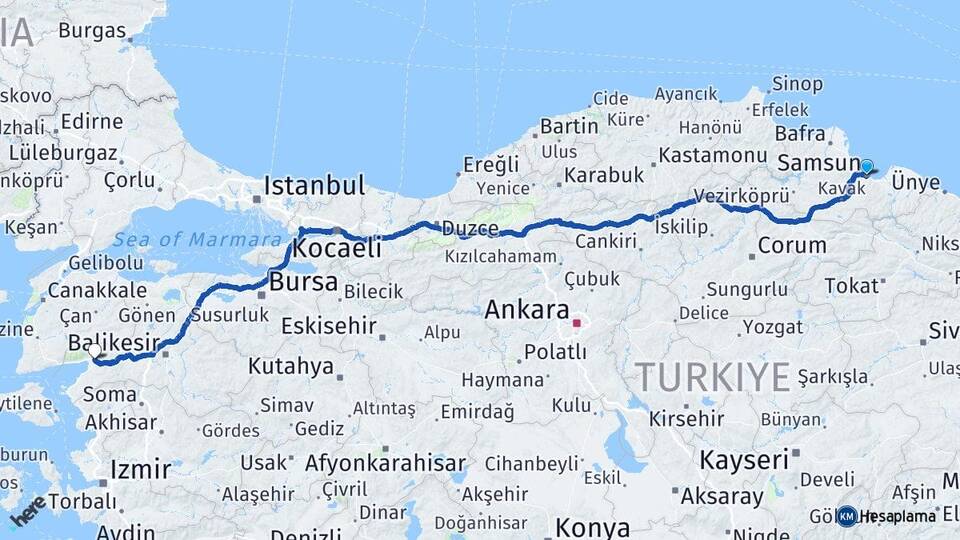 Samsun Edremit Balıkesir Arası Kaç Km - Yol Haritası