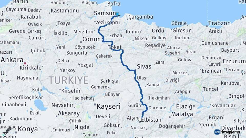 Samsun Elbistan Kahramanmaraş Arası Kaç Km - Yol Haritası