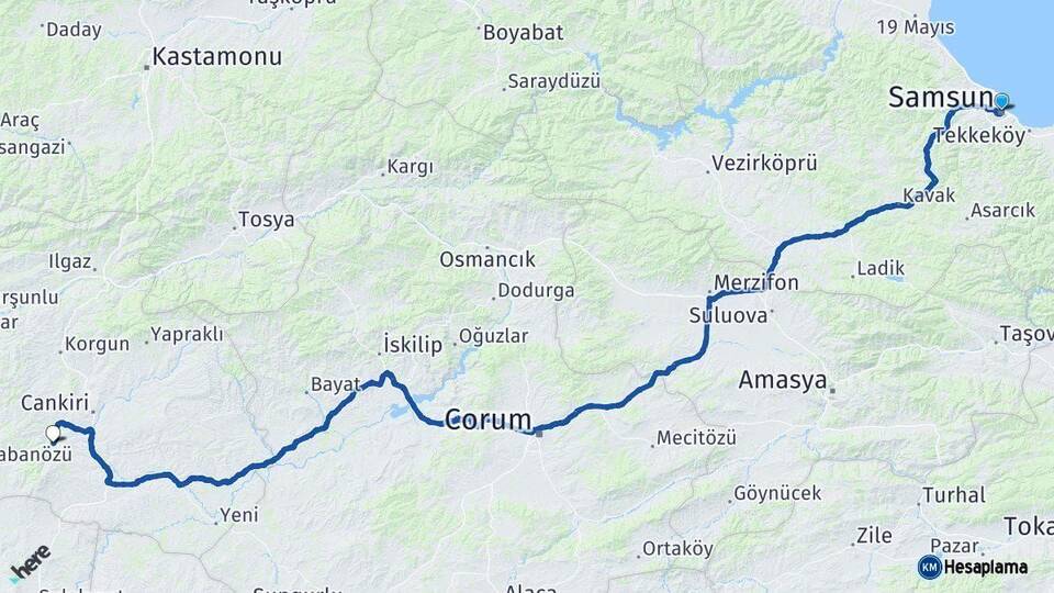 Samsun Eldivan Çankırı Arası Kaç Km - Yol Haritası