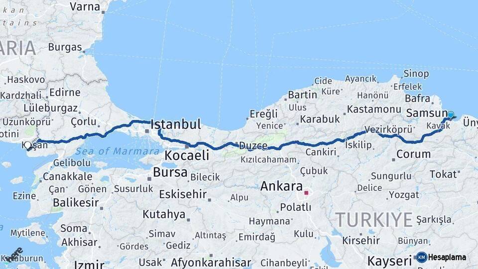 Samsun Enez Edirne Arası Kaç Km - Yol Haritası