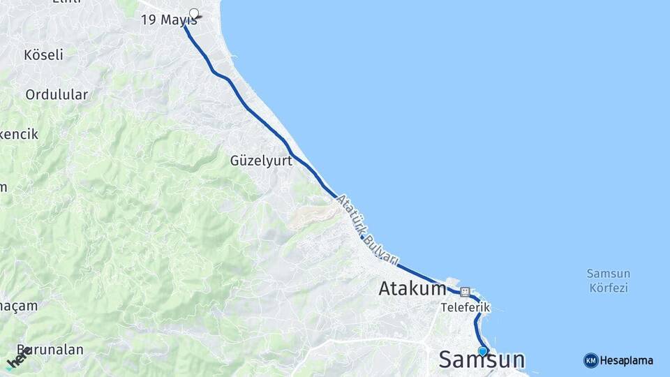 Samsun Engiz 19 Mayıs Arası Kaç Km - Yol Haritası