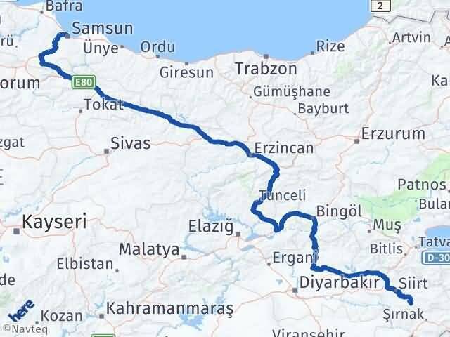 Samsun Eruh Siirt Arası Kaç Km - Yol Haritası