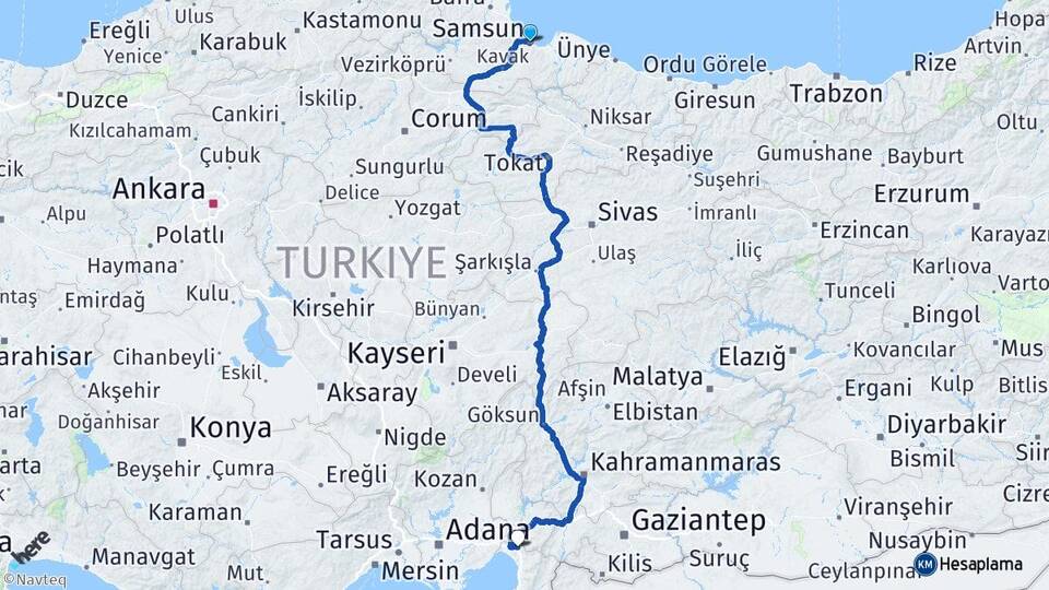 Samsun Erzin Hatay Arası Kaç Km - Yol Haritası