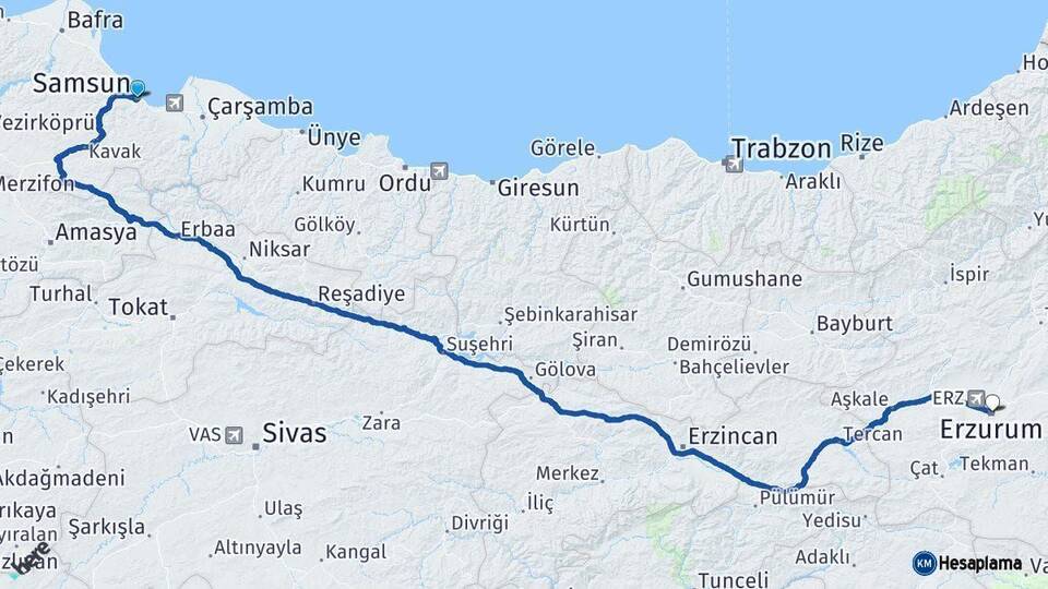 Samsun Erzurum Arası Kaç Km - Yol Haritası