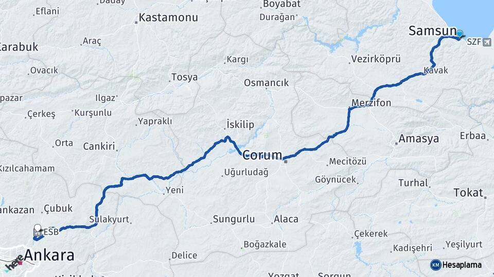 Samsun Esenboğa Havalimanı Arası Kaç Km - Yol Haritası