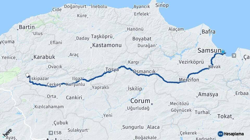 Samsun Eskipazar Karabük Arası Kaç Km - Yol Haritası