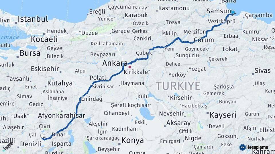 Samsun Evciler Afyonkarahisar Arası Kaç Km - Yol Haritası