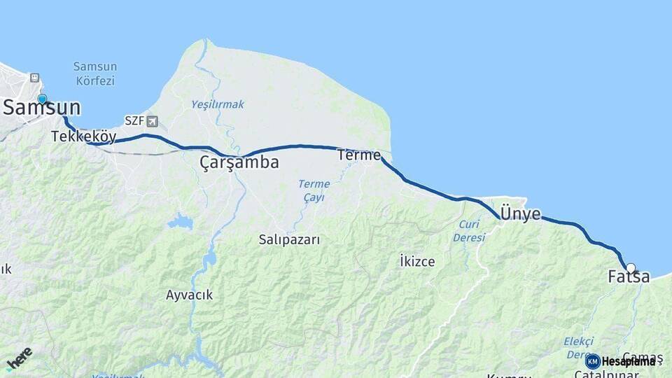 Samsun Fatsa Ordu Arası Kaç Km - Yol Haritası