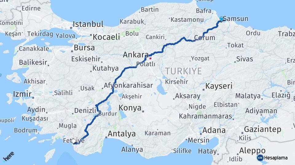 Samsun Fethiye Muğla Arası Kaç Km - Yol Haritası