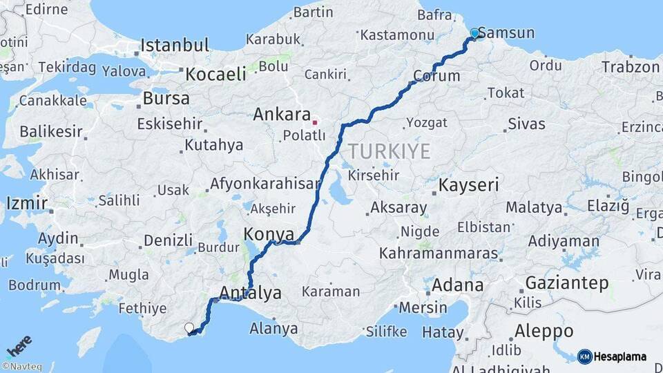 Samsun Finike Antalya Arası Kaç Km - Yol Haritası