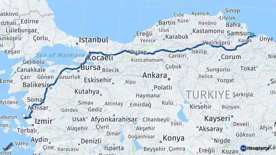 Samsun Foça İzmir Arası Kaç Km - Yol Haritası