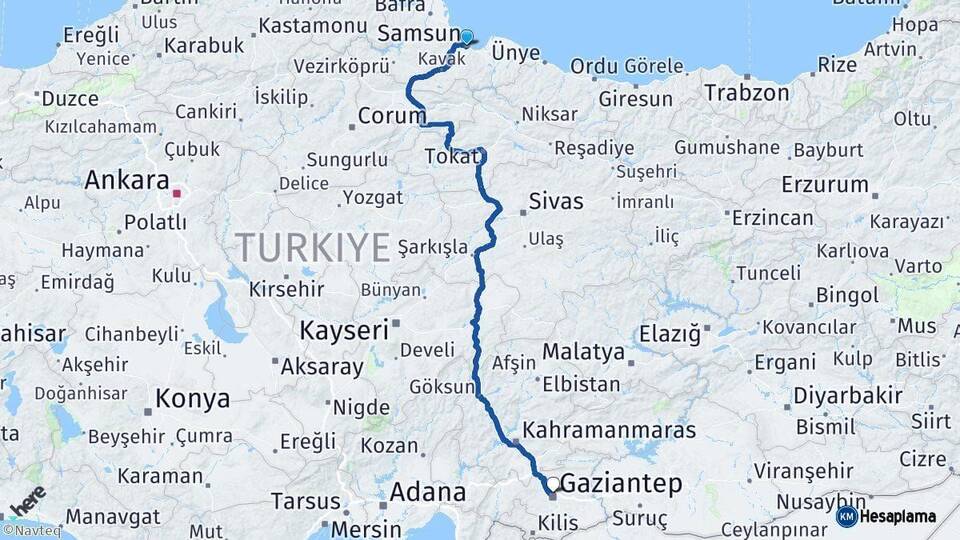 Samsun Gaziantep Arası Kaç Km - Yol Haritası
