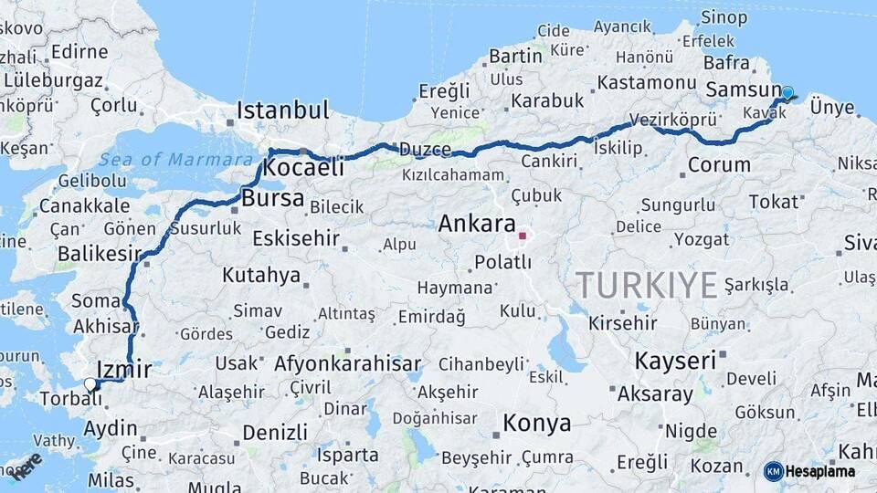 Samsun Gaziemir İzmir Arası Kaç Km - Yol Haritası