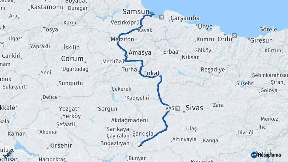 Samsun Gemerek Sivas Arası Kaç Km - Yol Haritası