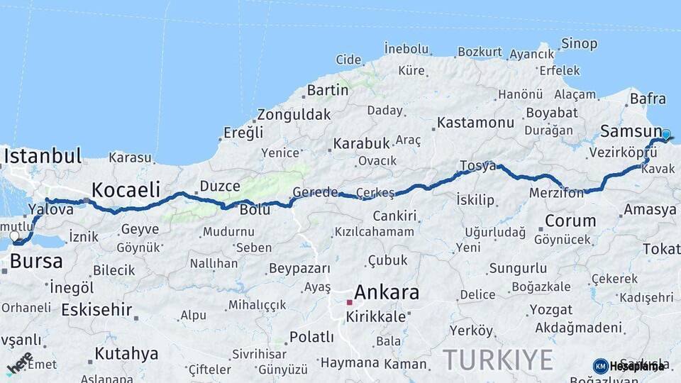 Samsun Gemlik Bursa Arası Kaç Km - Yol Haritası