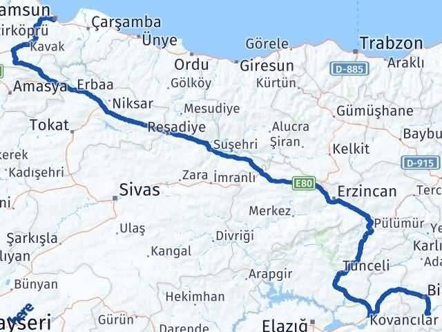 Samsun Genç Bingöl Arası Kaç Km - Yol Haritası