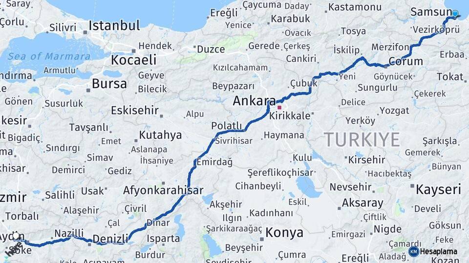 Samsun Germencik Aydın Arası Kaç Km - Yol Haritası