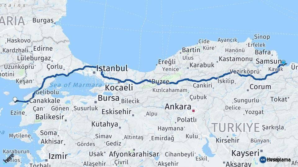 Samsun Gökçeada Çanakkale Arası Kaç Km - Yol Haritası