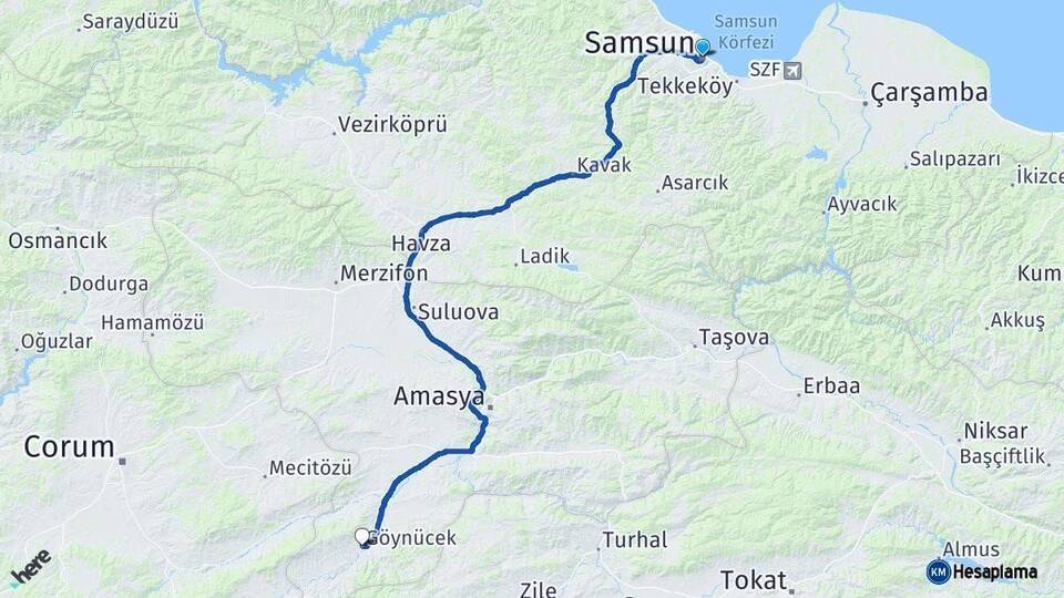 Samsun Göynücek Amasya Arası Kaç Km - Yol Haritası