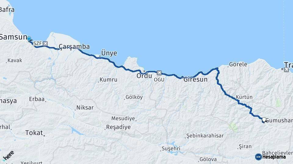 Samsun Gümüşhane Arası Kaç Km - Yol Haritası