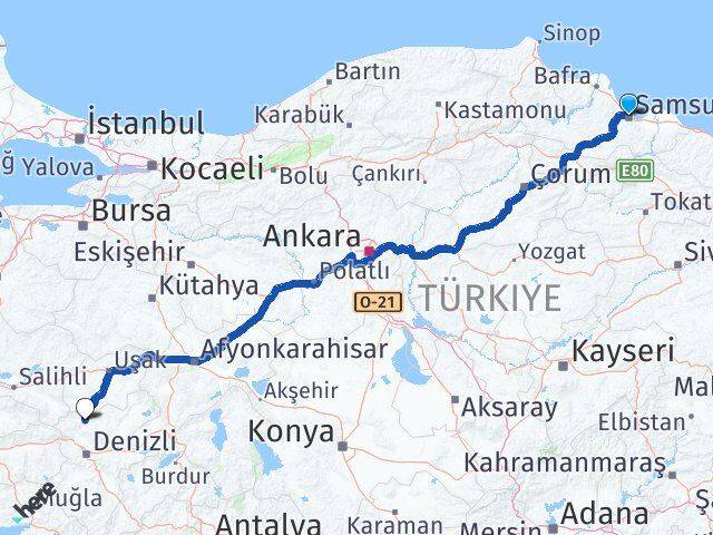Samsun Güney Denizli Arası Kaç Km - Yol Haritası