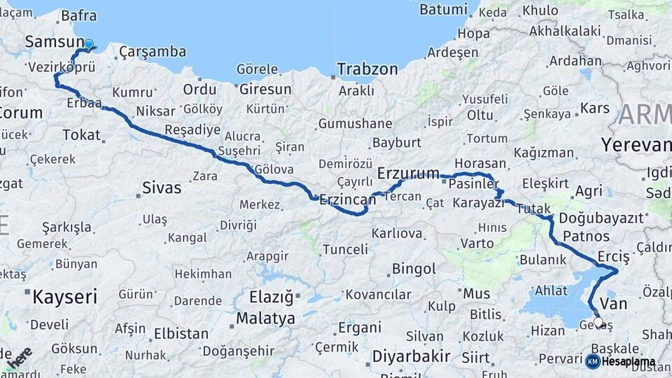 Samsun Gürpınar Van Arası Kaç Km - Yol Haritası