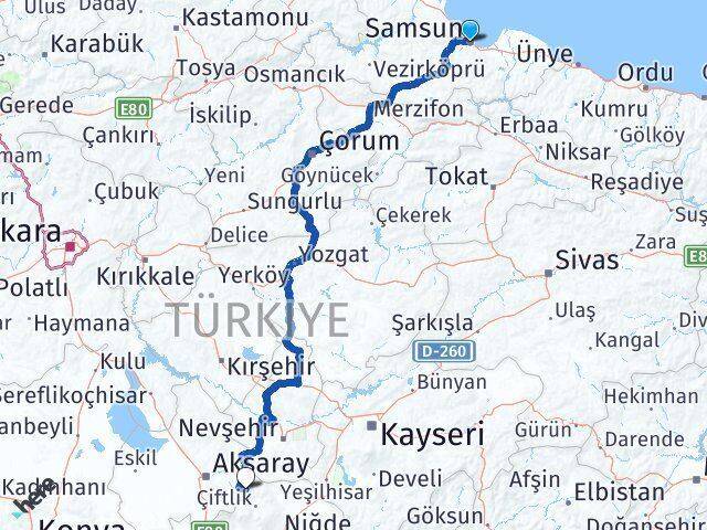 Samsun Güzelyurt Aksaray Arası Kaç Km - Yol Haritası