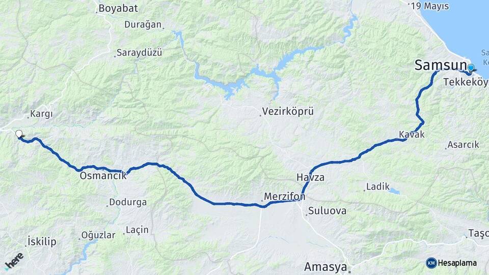 Samsun Hacıhamza Kargı Çorum Arası Kaç Km - Yol Haritası