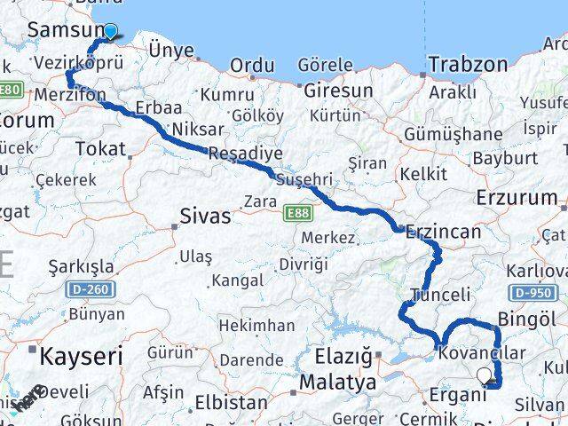 Samsun Hani Diyarbakır Arası Kaç Km - Yol Haritası