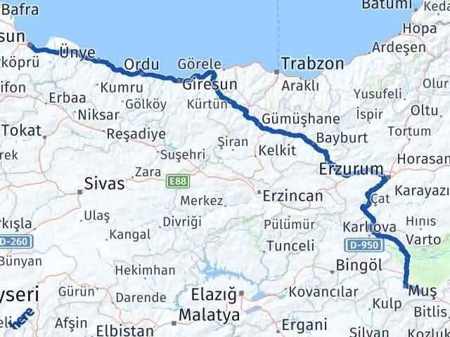 Samsun Hasköy Muş Arası Kaç Km - Yol Haritası