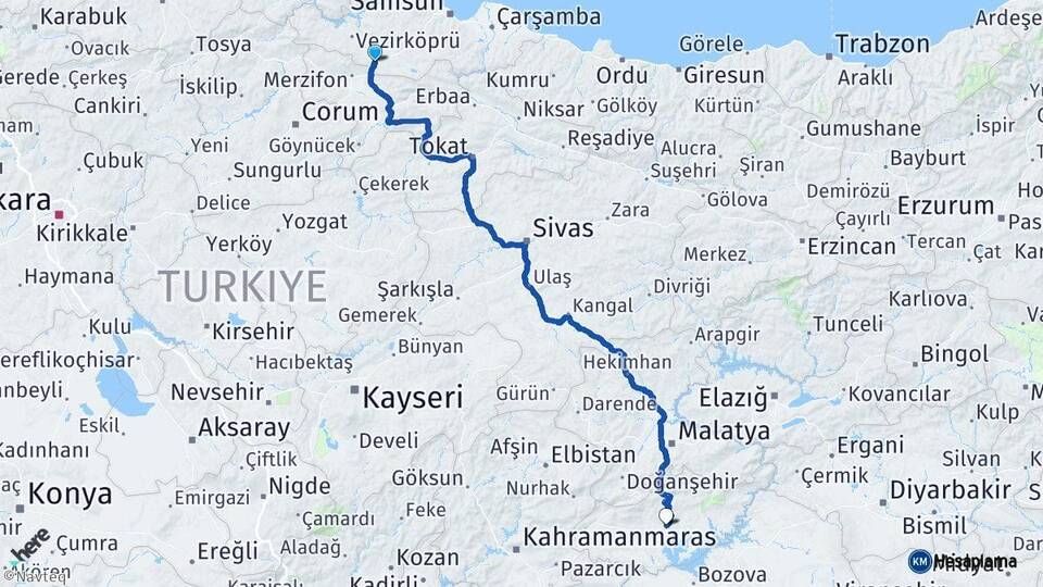 Samsun Havza Adıyaman Arası Kaç Km - Yol Haritası