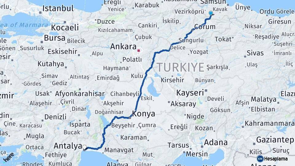 Samsun Havza Antalya Arası Kaç Km - Yol Haritası