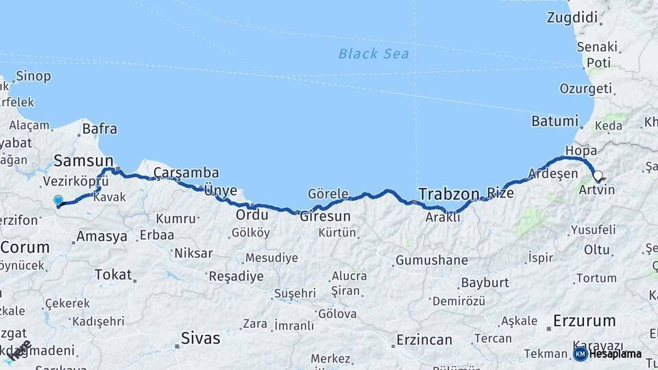 Samsun Havza Artvin Arası Kaç Km - Yol Haritası