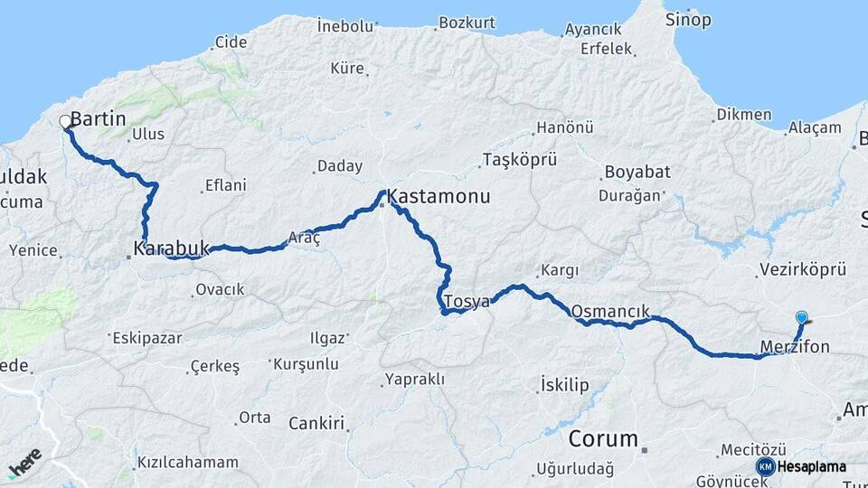 Samsun Havza Bartın Arası Kaç Km - Yol Haritası