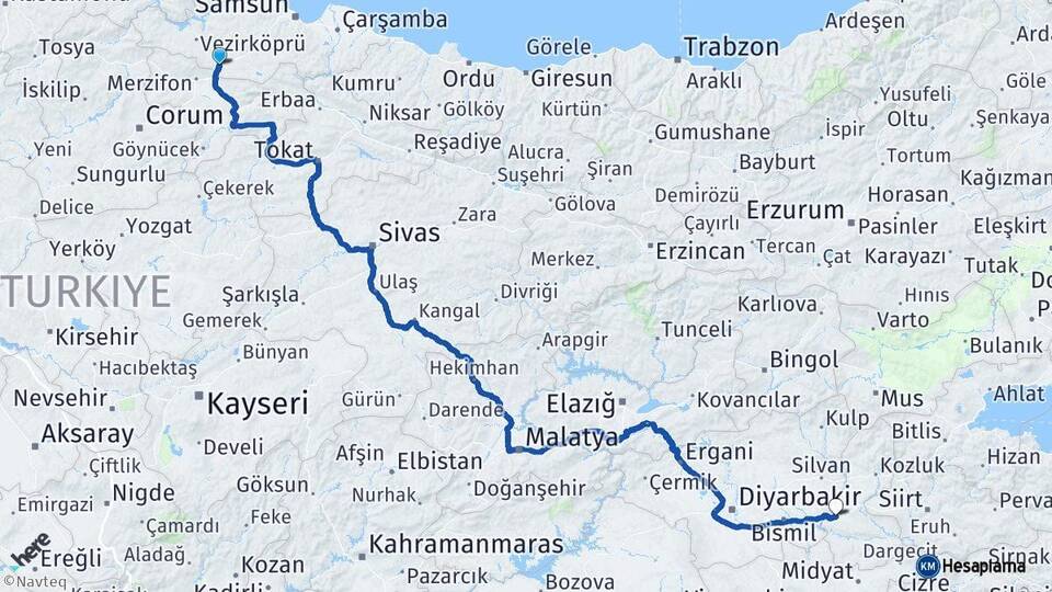 Samsun Havza Batman Arası Kaç Km - Yol Haritası