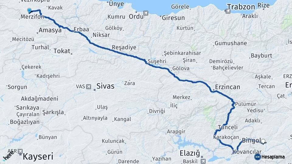 Samsun Havza Bingöl Arası Kaç Km - Yol Haritası