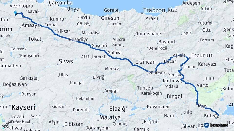 Samsun Havza Bitlis Arası Kaç Km - Yol Haritası