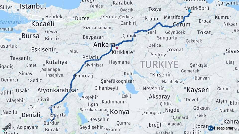 Samsun Havza Burdur Arası Kaç Km - Yol Haritası