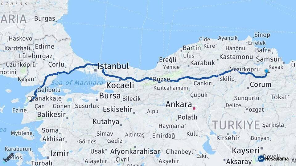 Samsun Havza Çanakkale Arası Kaç Km - Yol Haritası