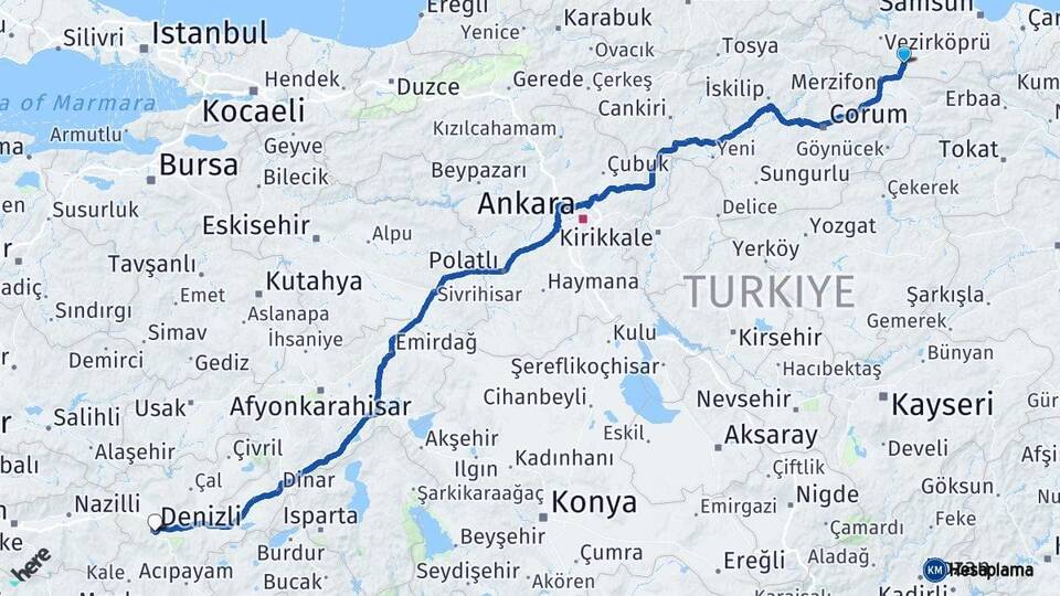 Samsun Havza Denizli Arası Kaç Km - Yol Haritası