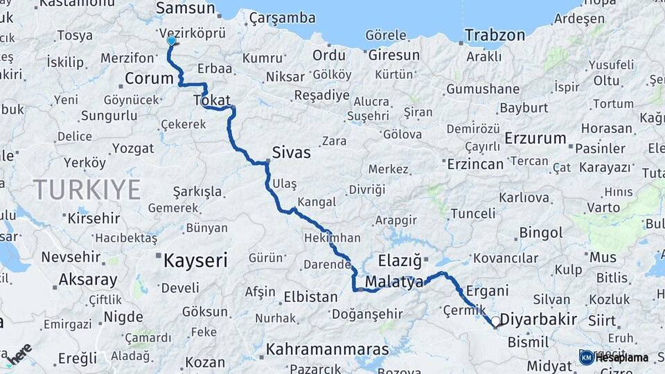 Samsun Havza Diyarbakır Arası Kaç Km - Yol Haritası
