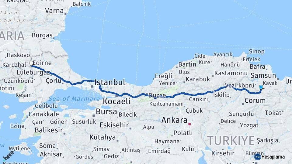 Samsun Havza Edirne Arası Kaç Km - Yol Haritası