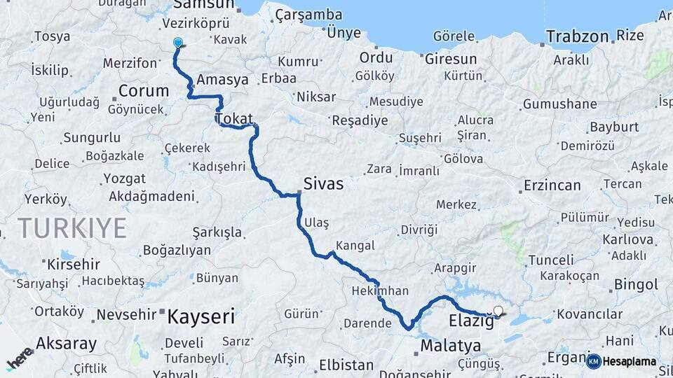 Samsun Havza Elazığ Arası Kaç Km - Yol Haritası